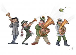 Zeichnung von vier Neujahrsanblösern mit Trompeten, Tuba, Horn