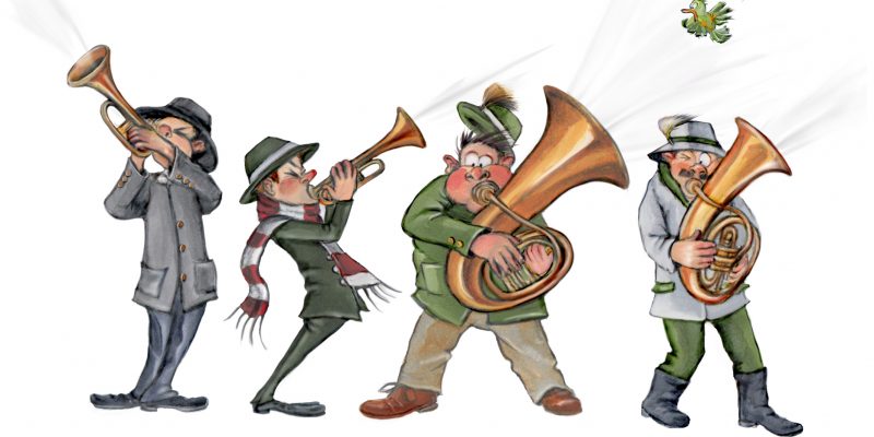 Zeichnung von vier Neujahrsanblösern mit Trompeten, Tuba, Horn