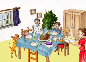 Zeichnung einer Familie am Esstisch mit Gänsebraten