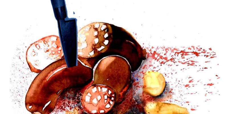 Zeichnung von Blunzengröstl aus Blutwurts und Kartoffeln