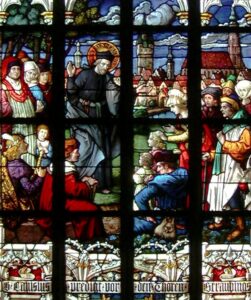 Petrus Canisius predigt in Straubing, Glasfenster in der Schmidl-Kapelle in der Straubinger Kirche St. Jakob, 1903 